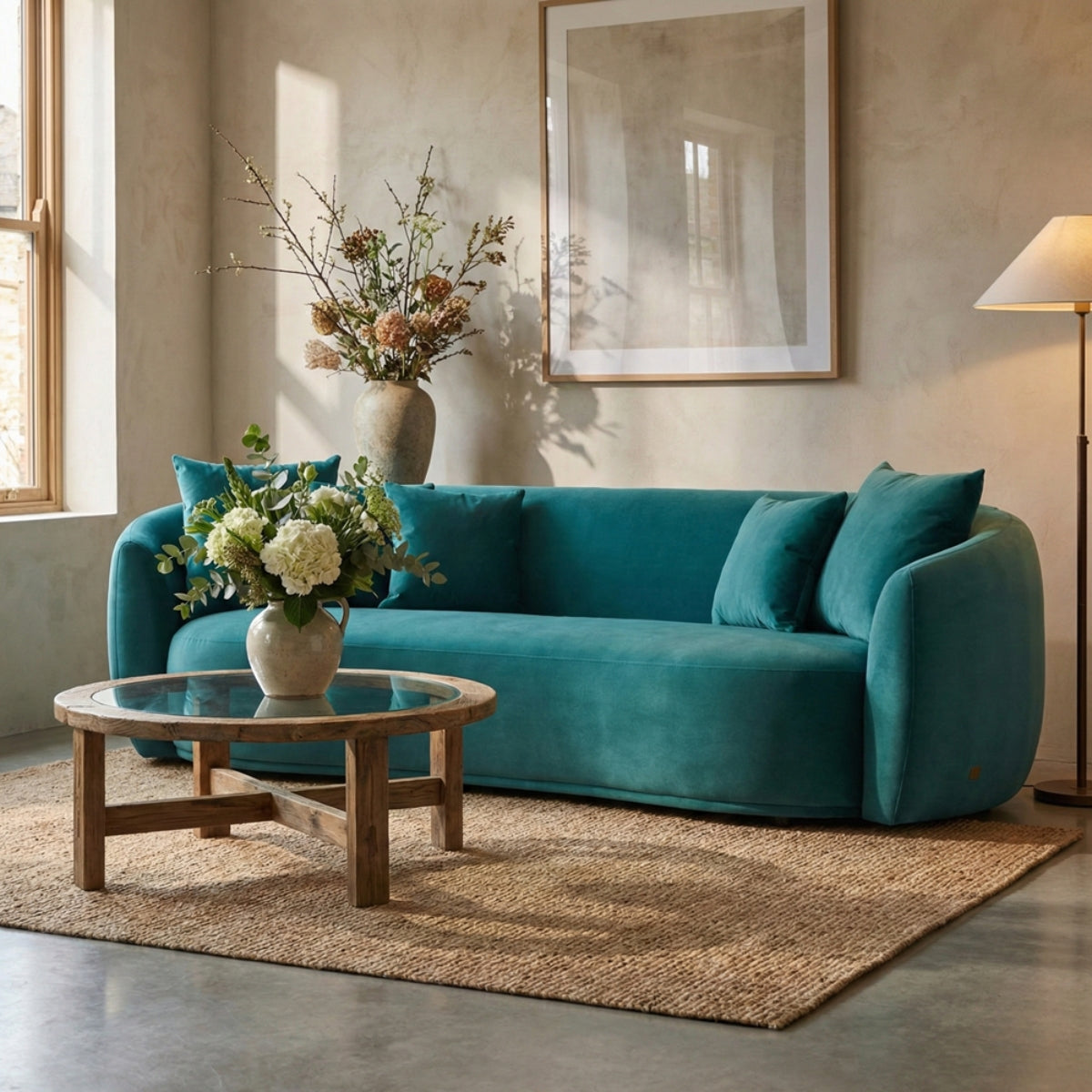 Teal sofa in a living room with a wooden coffee table, flowers, and a vase.