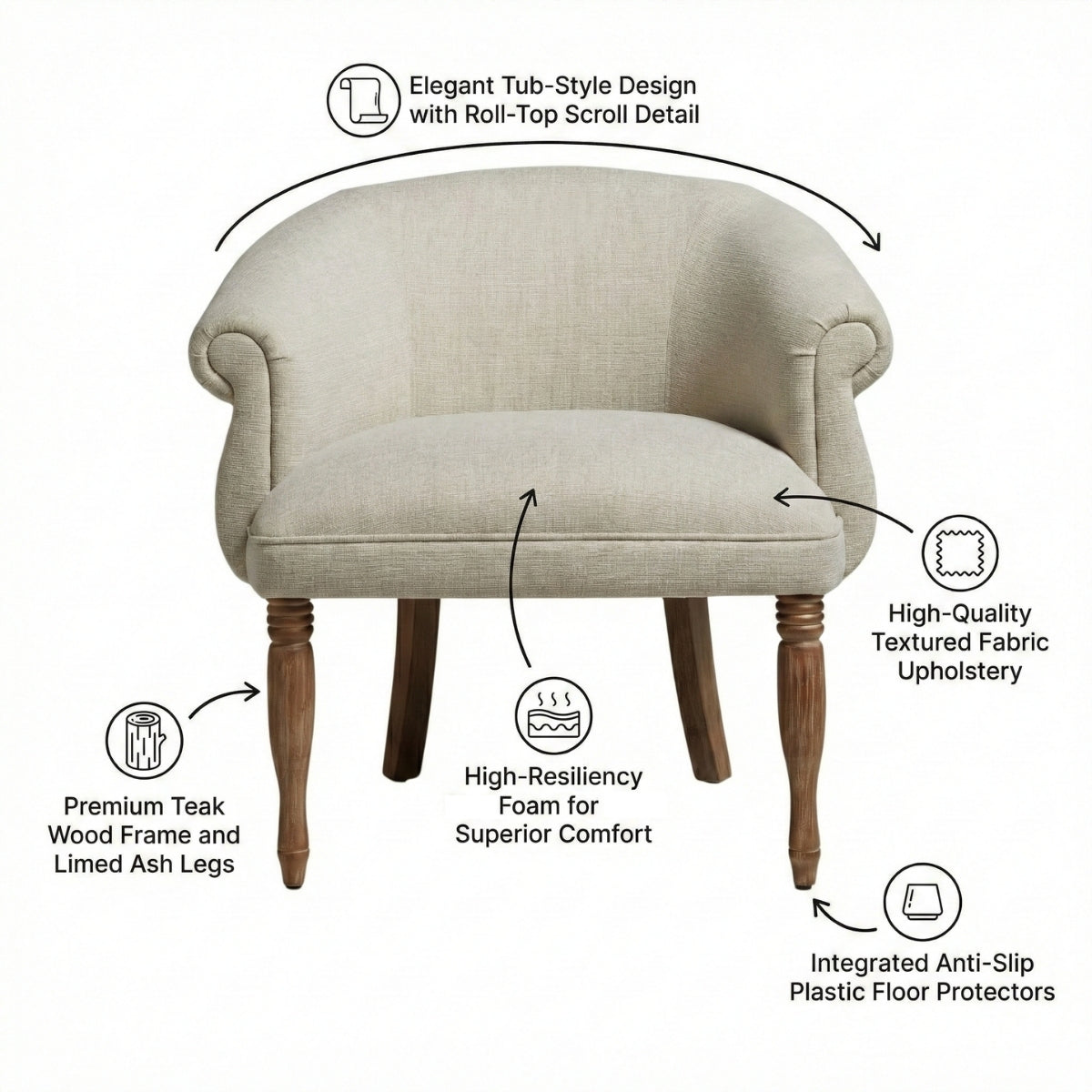 Beige armchair with text highlighting features on a white background