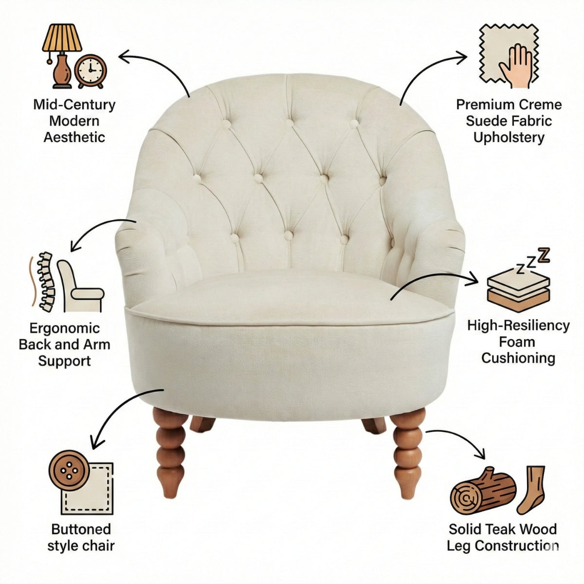 Beige armchair with features highlighted on a white background