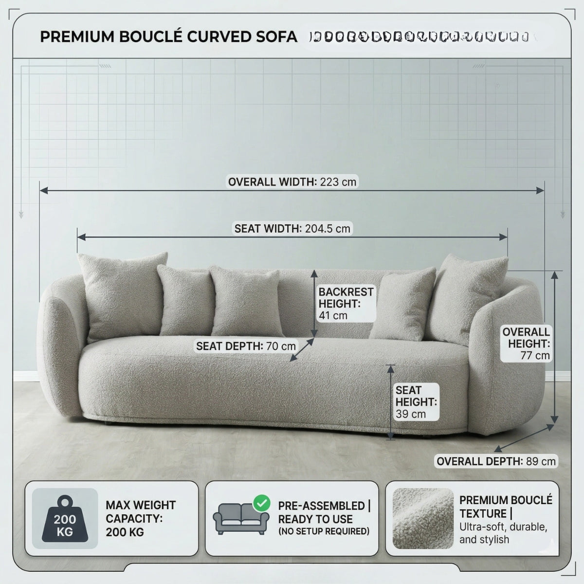 Everbe Luxe 3-Seater Curved Sofa