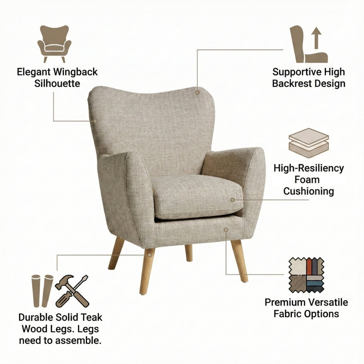 Beige armchair with features highlighted on a white background