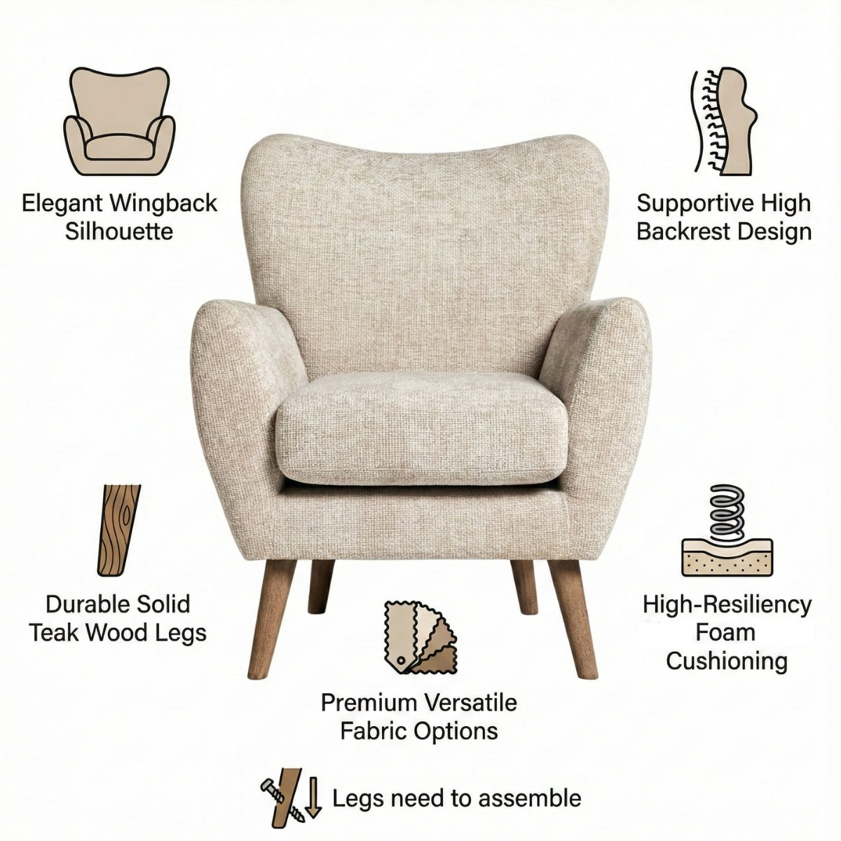 Beige armchair with features highlighted on a white background