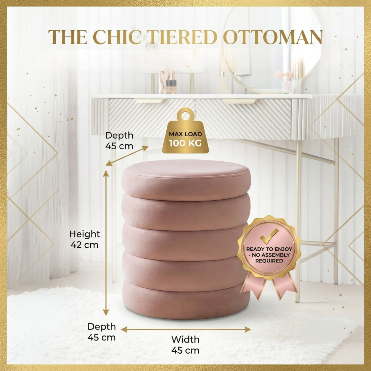 Pink tiered ottoman with measurements and product details on a white background
