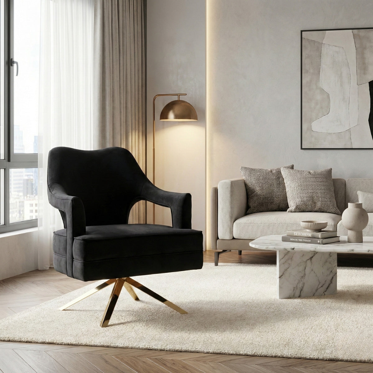 Burten Black Velvet Swivel Armchair