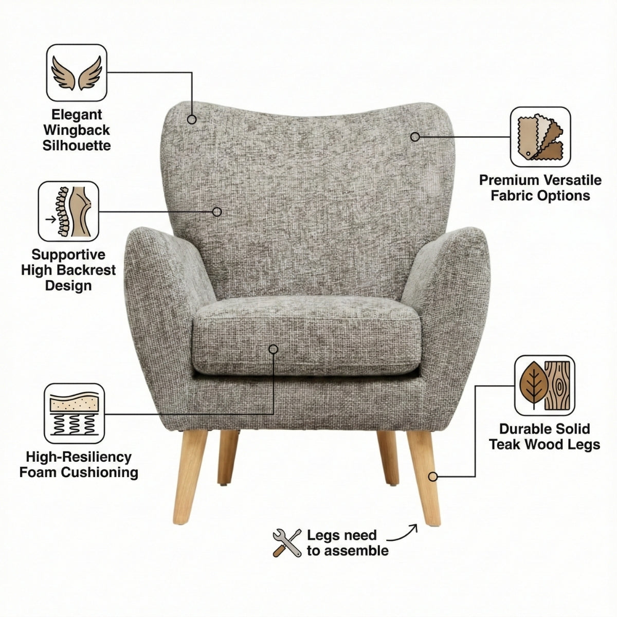 Gray armchair with features highlighted on a white background