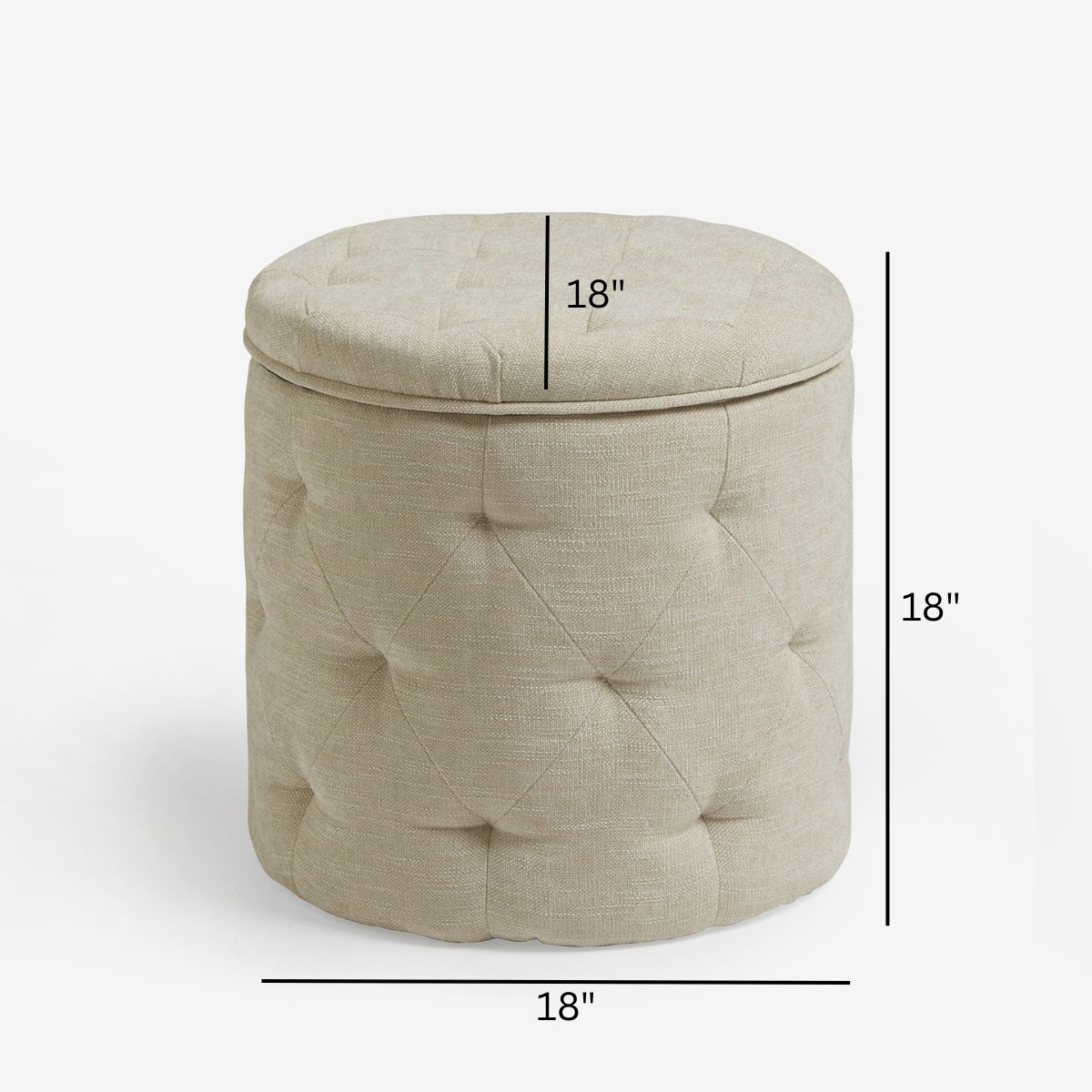 Beige ottoman with dimensions on a white background