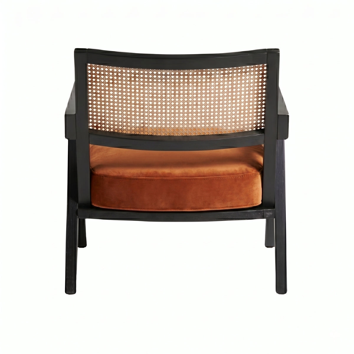 Chair with black frame and brown cushion on a white background