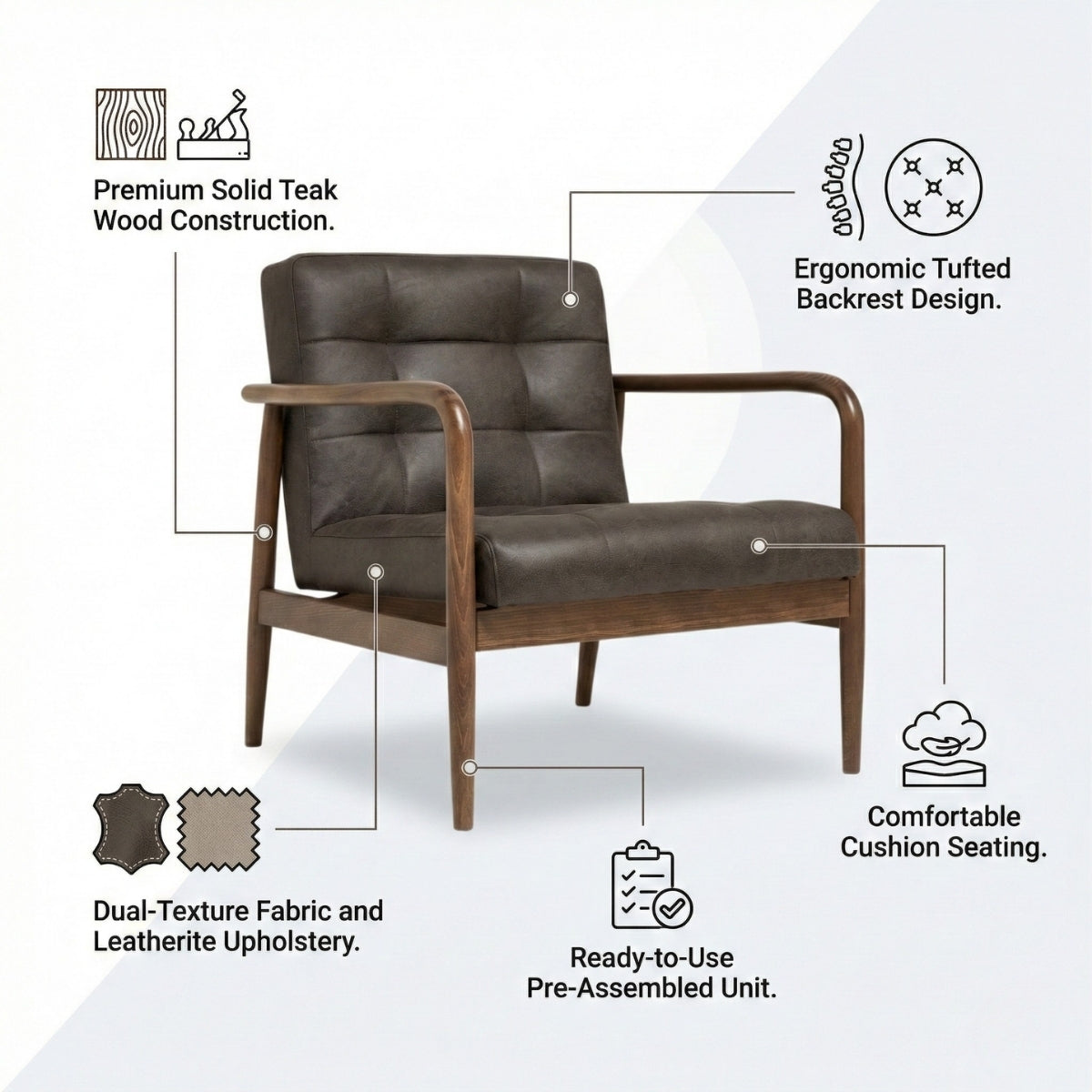 Brown armchair with features highlighted on a white background