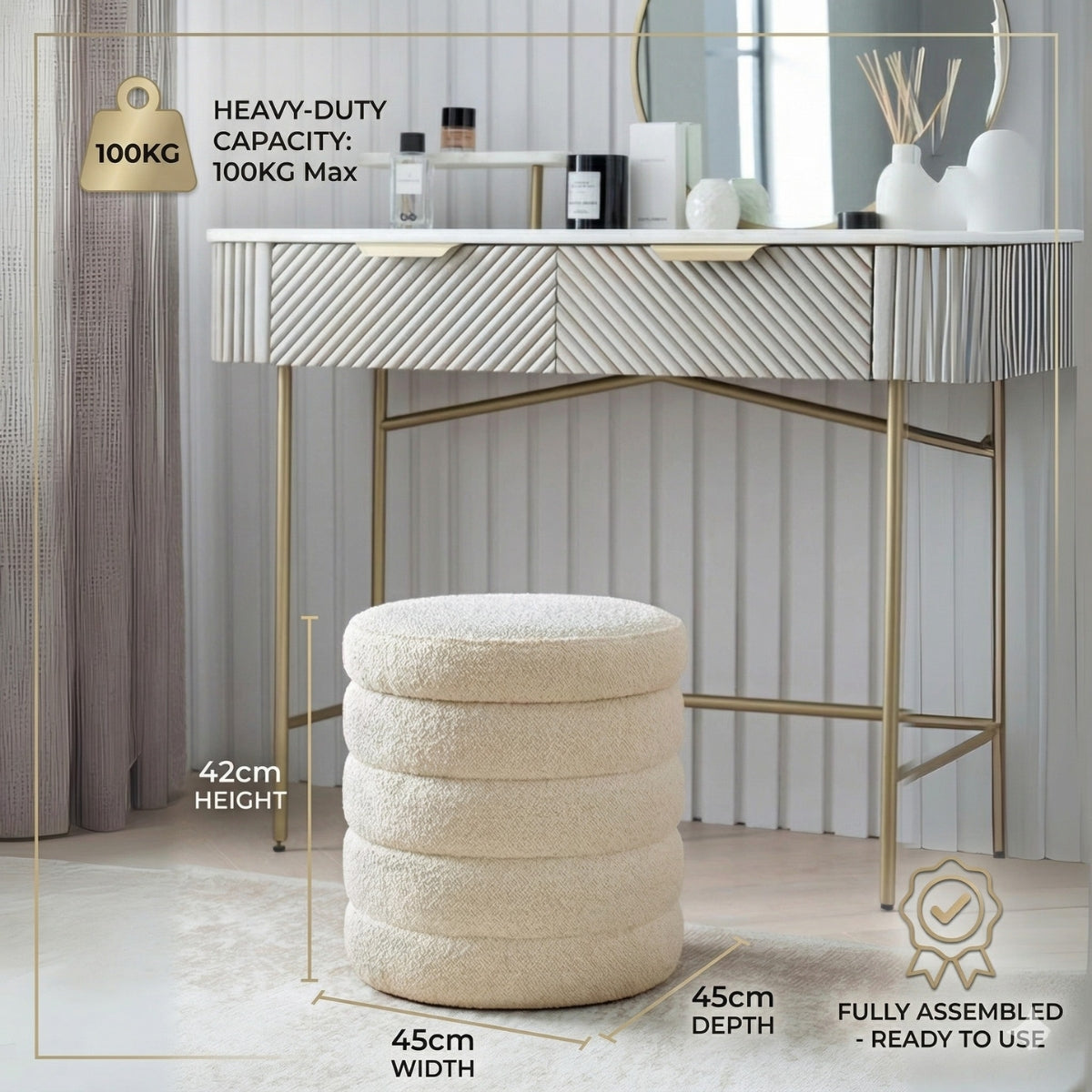 Beige ottoman in front of a decorative console table with measurements and product details.
