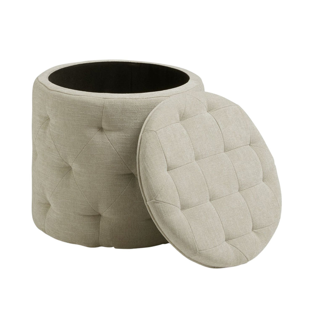 Beige tufted storage ottoman with a lid on a white background
