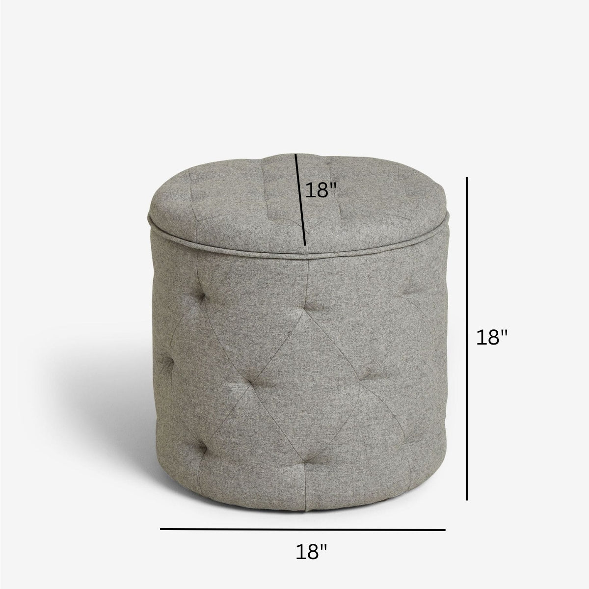 Gray ottoman with dimensions labeled on a white background