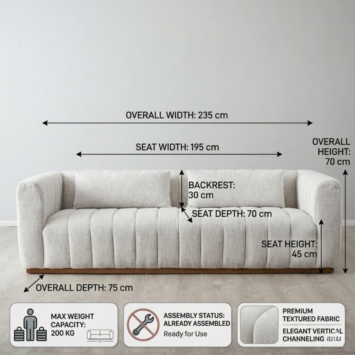 Gray sofa with dimensions labeled on a plain background