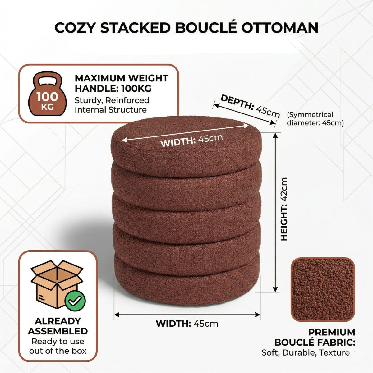 Cozy stacked boucle ottoman with dimensions, weight capacity, and fabric information on a white background.