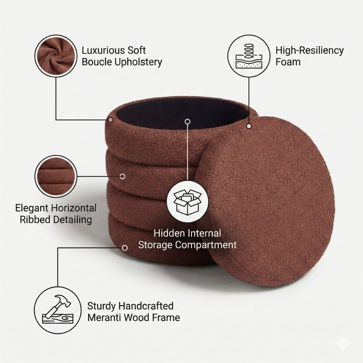 Brown ottoman with features highlighted on a white background