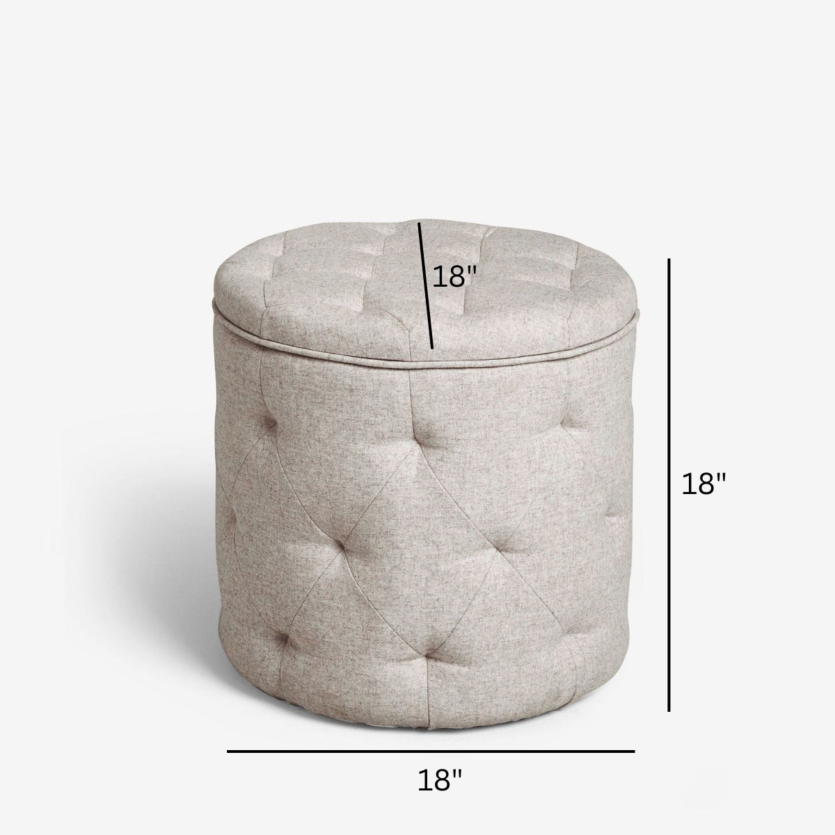 Round tufted ottoman with dimensions on a white background