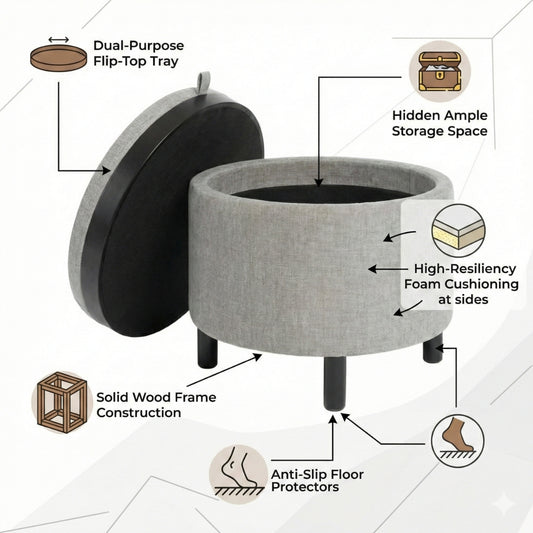 Ashtin 2-in-1 Round Storage Ottoman, Padded Footstool with Reversible Wooden Tray Lid, Hidden Storage for Living Room & Bedroom | Kingsman Furnitures India