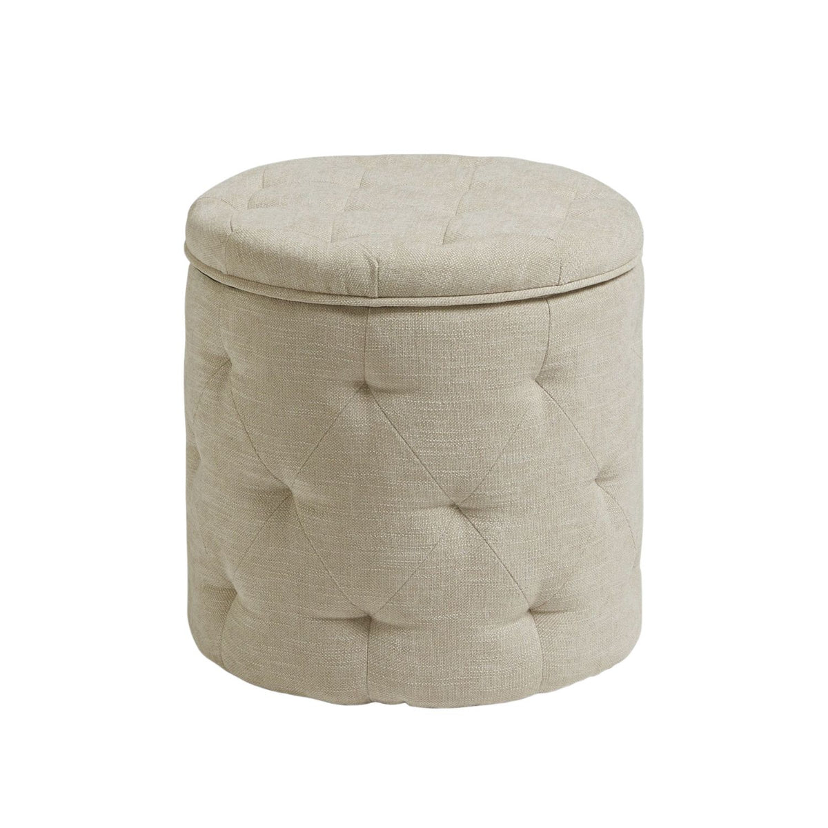 Round tufted ottoman with a beige fabric finish on a white background