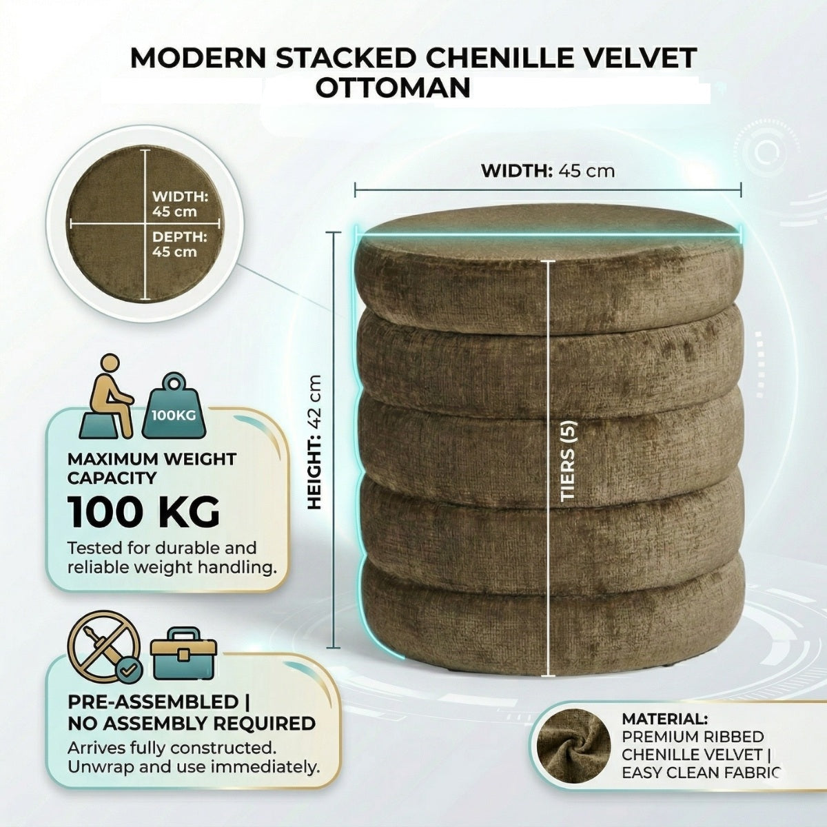 Modern stacked chenille velvet ottoman with dimensions, weight capacity, and material information.