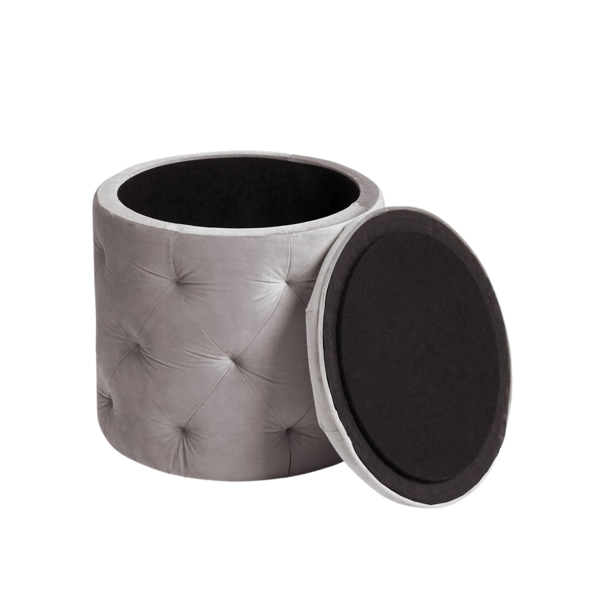Gray tufted ottoman with a black interior on a white background