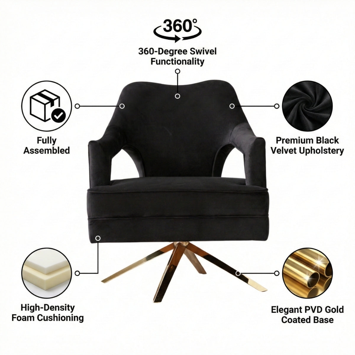 Burten Black Velvet Swivel Armchair