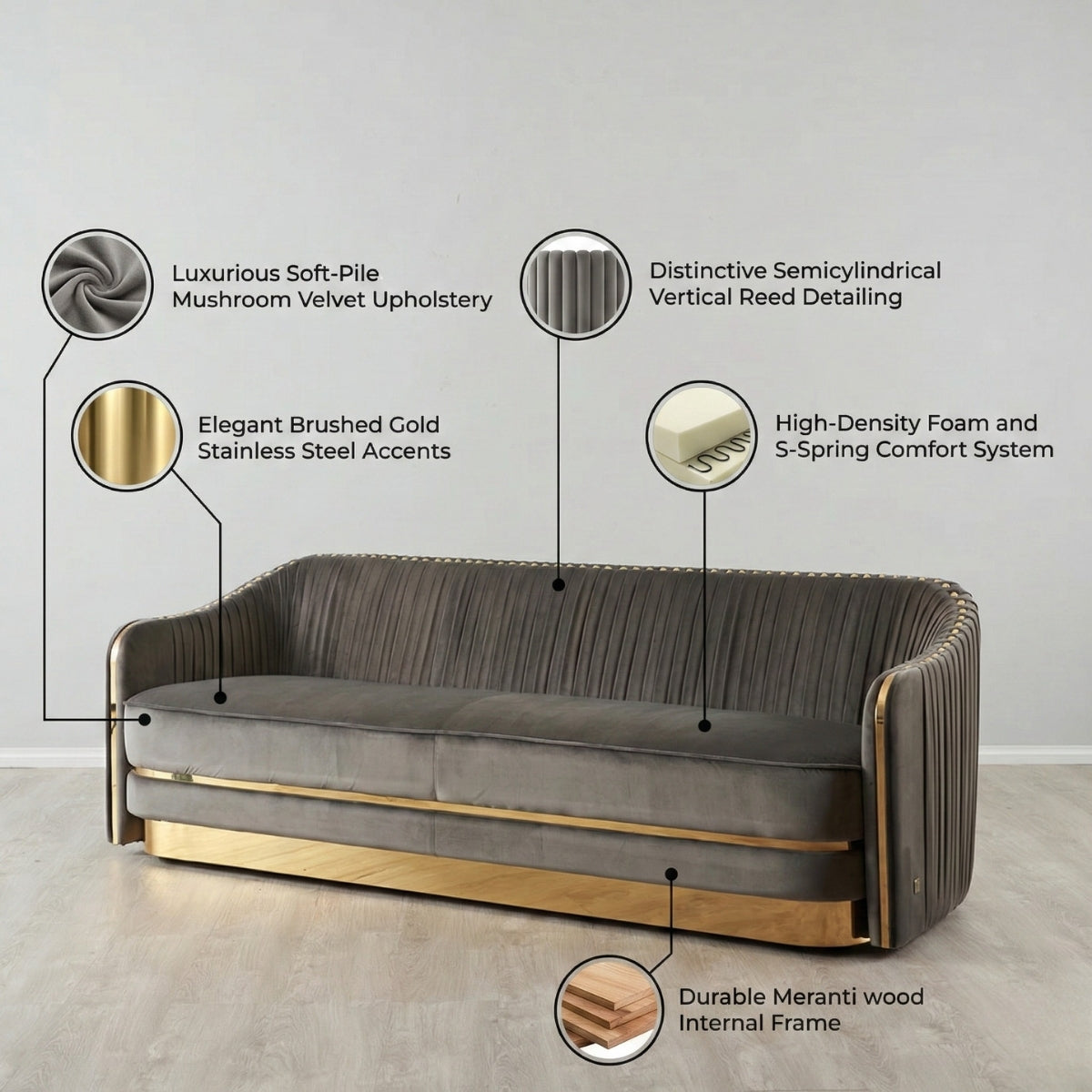 Gray sofa with gold accents on a light gray background, featuring text labels about its features.