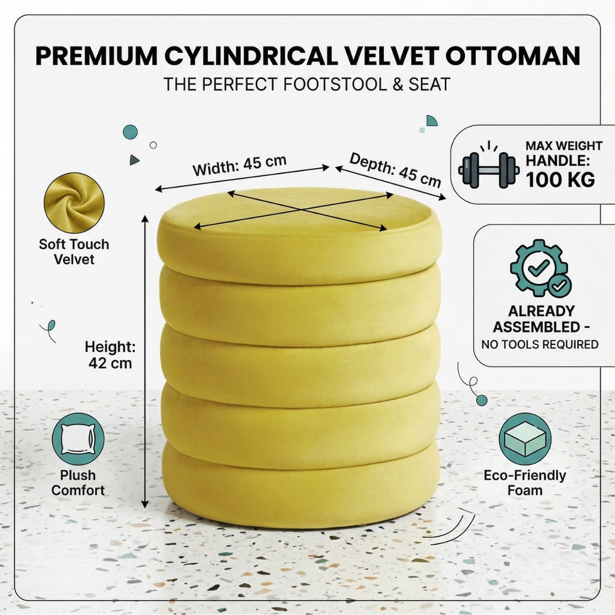 Yellow cylindrical velvet ottoman with dimensions and features on a white background