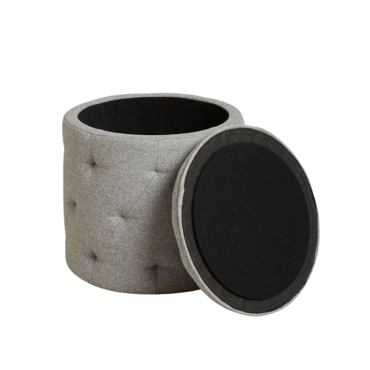 Gray fabric ottoman with a black interior on a white background