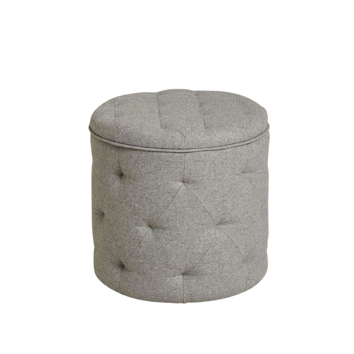Gray tufted ottoman on a white background