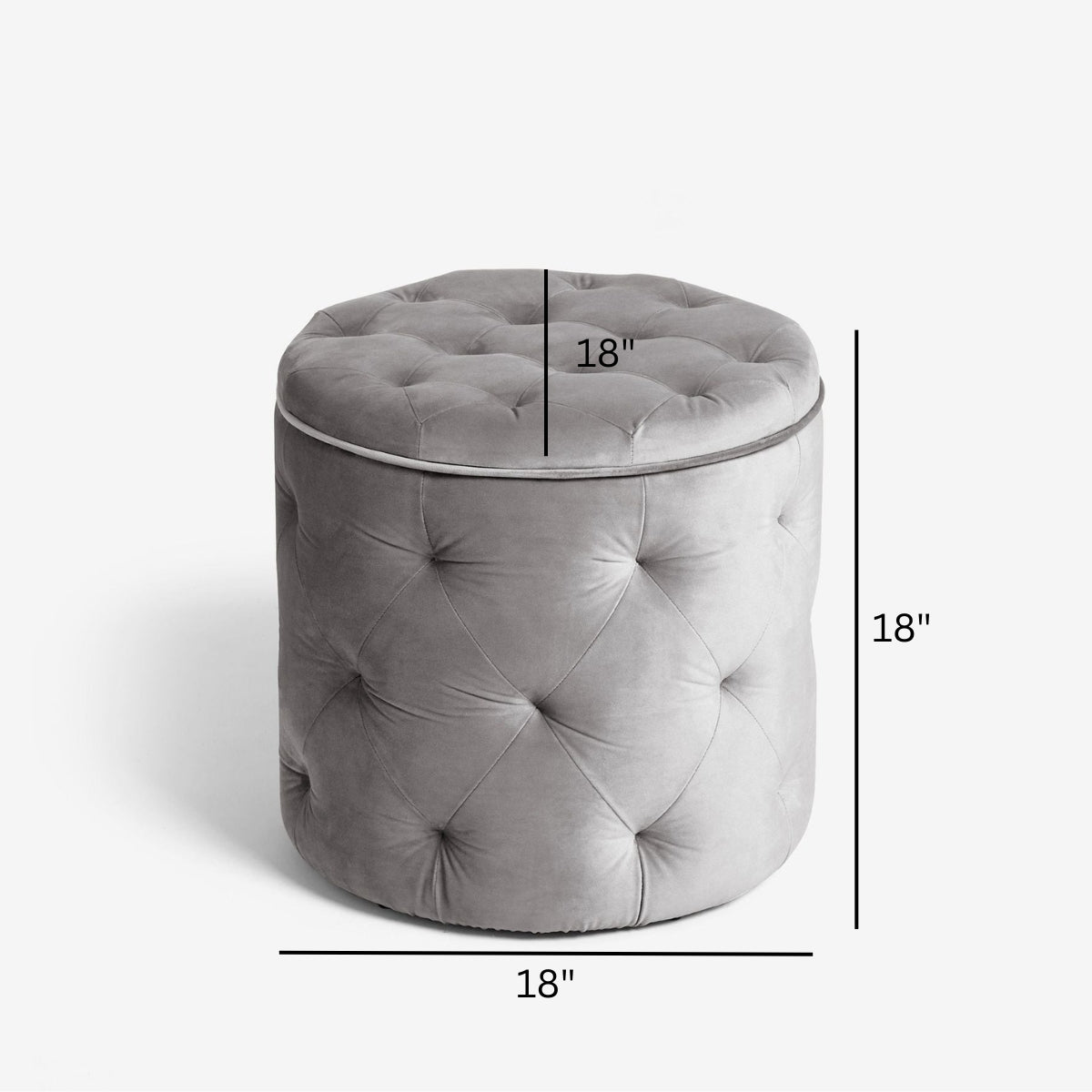 Gray tufted ottoman with dimensions on a white background