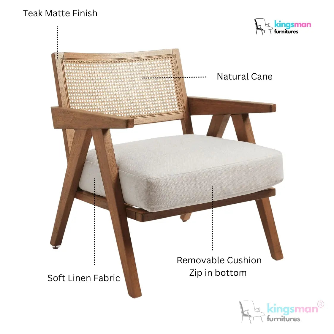 Abel Accent Chair - Tweed Linen & Boucle, Teak Wood, Rattan Back, Removable Cushion, Modern Rustic Comfort Kingsman Furnitures