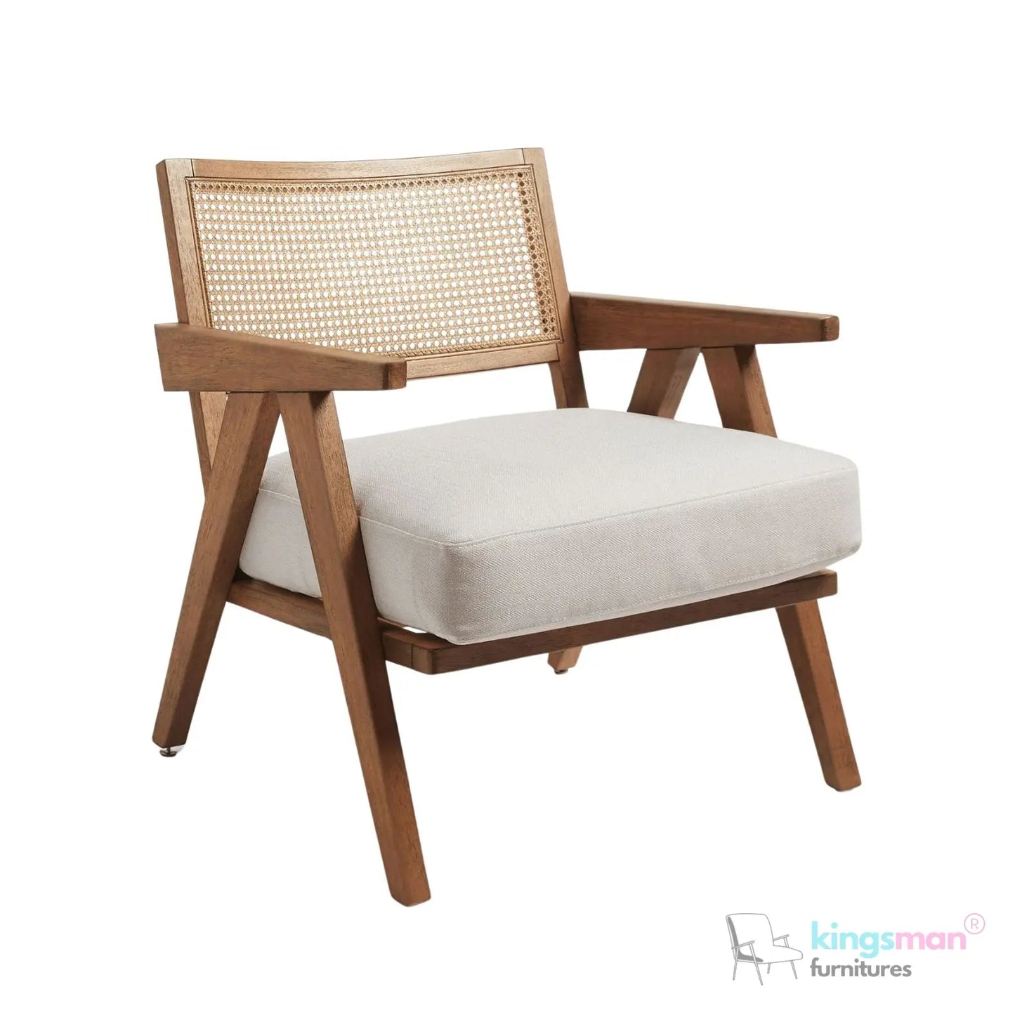 Abel Accent Chair - Tweed Linen & Boucle, Teak Wood, Rattan Back, Removable Cushion, Modern Rustic Comfort Kingsman Furnitures
