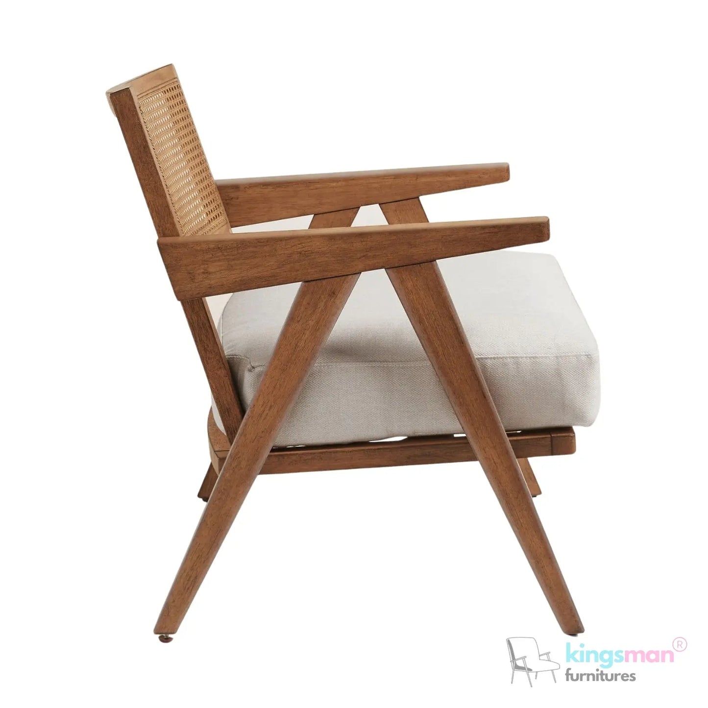 Abel Accent Chair - Tweed Linen & Boucle, Teak Wood, Rattan Back, Removable Cushion, Modern Rustic Comfort Kingsman Furnitures