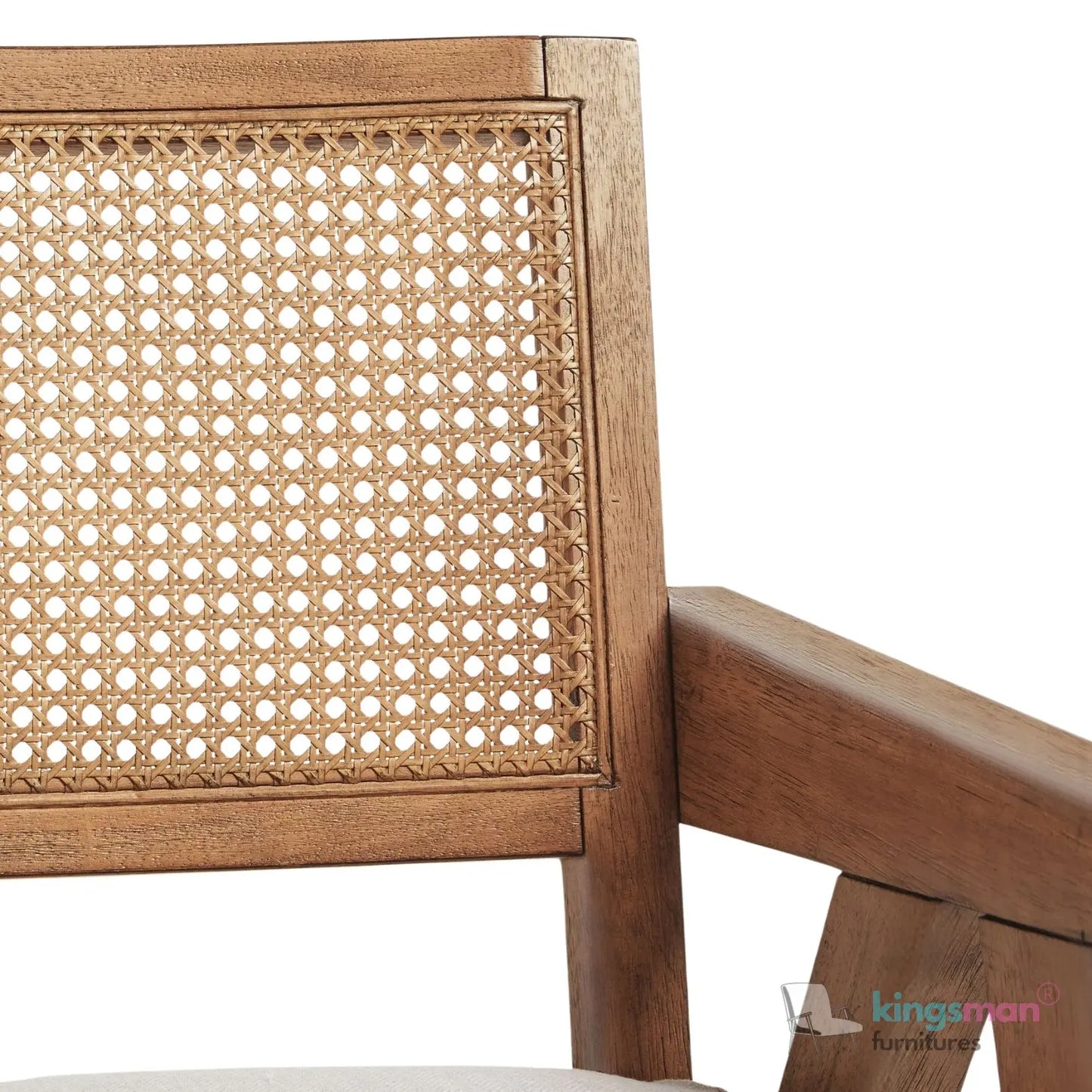 Abel Accent Chair - Tweed Linen & Boucle, Teak Wood, Rattan Back, Removable Cushion, Modern Rustic Comfort Kingsman Furnitures