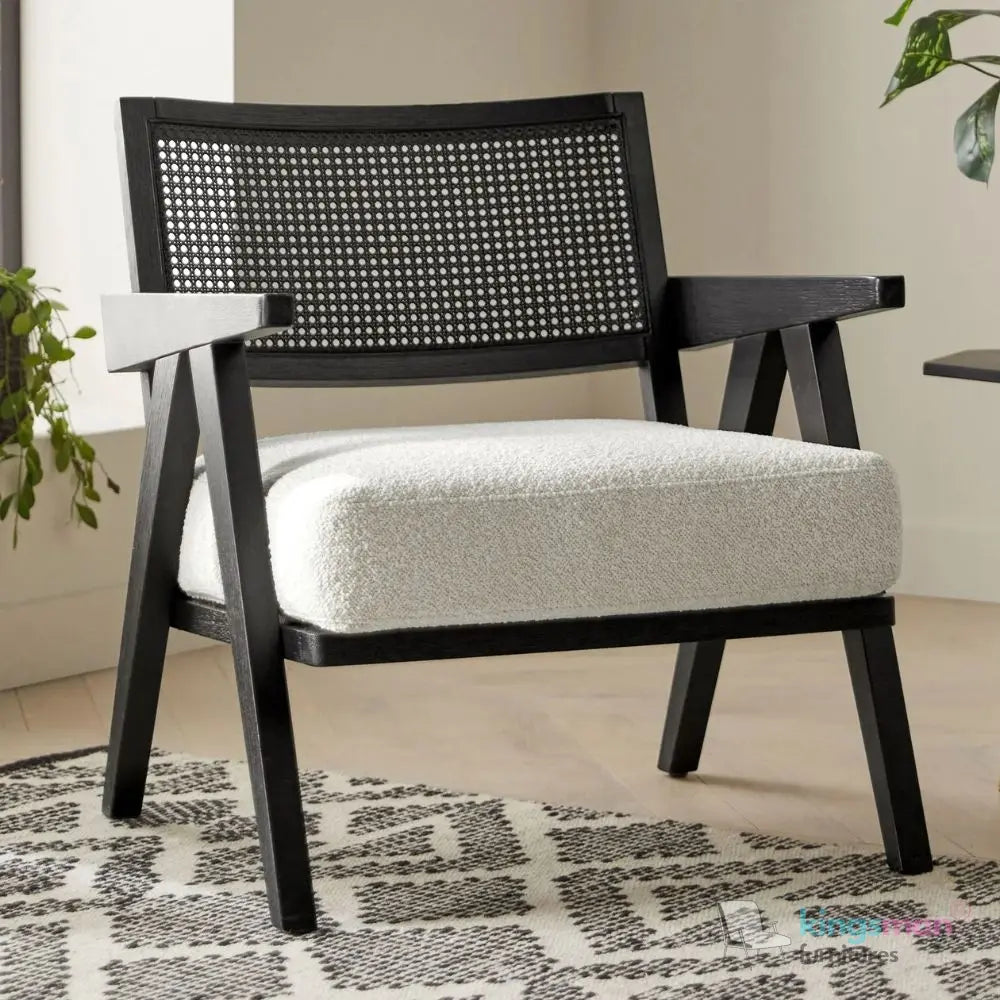 Abel Accent Chair - Tweed Linen & Boucle, Teak Wood, Rattan Back, Removable Cushion, Modern Rustic Comfort Kingsman Furnitures