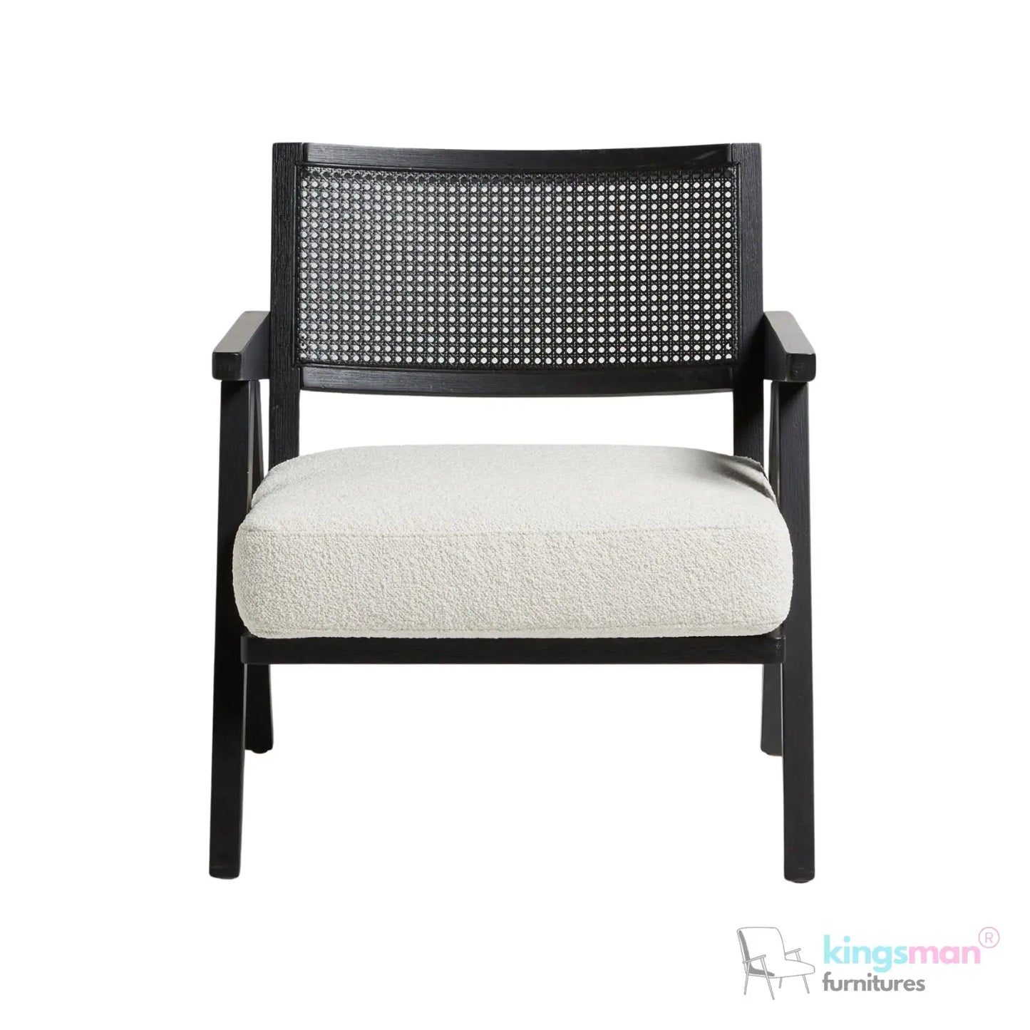 Abel Accent Chair - Tweed Linen & Boucle, Teak Wood, Rattan Back, Removable Cushion, Modern Rustic Comfort Kingsman Furnitures