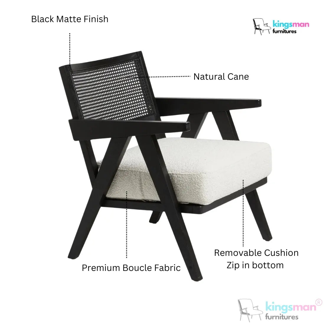 Abel Accent Chair - Tweed Linen & Boucle, Teak Wood, Rattan Back, Removable Cushion, Modern Rustic Comfort Kingsman Furnitures