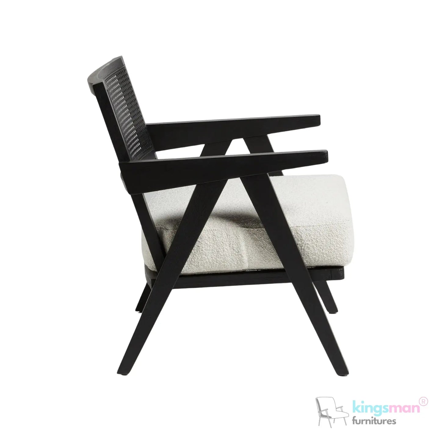 Abel Accent Chair - Tweed Linen & Boucle, Teak Wood, Rattan Back, Removable Cushion, Modern Rustic Comfort Kingsman Furnitures