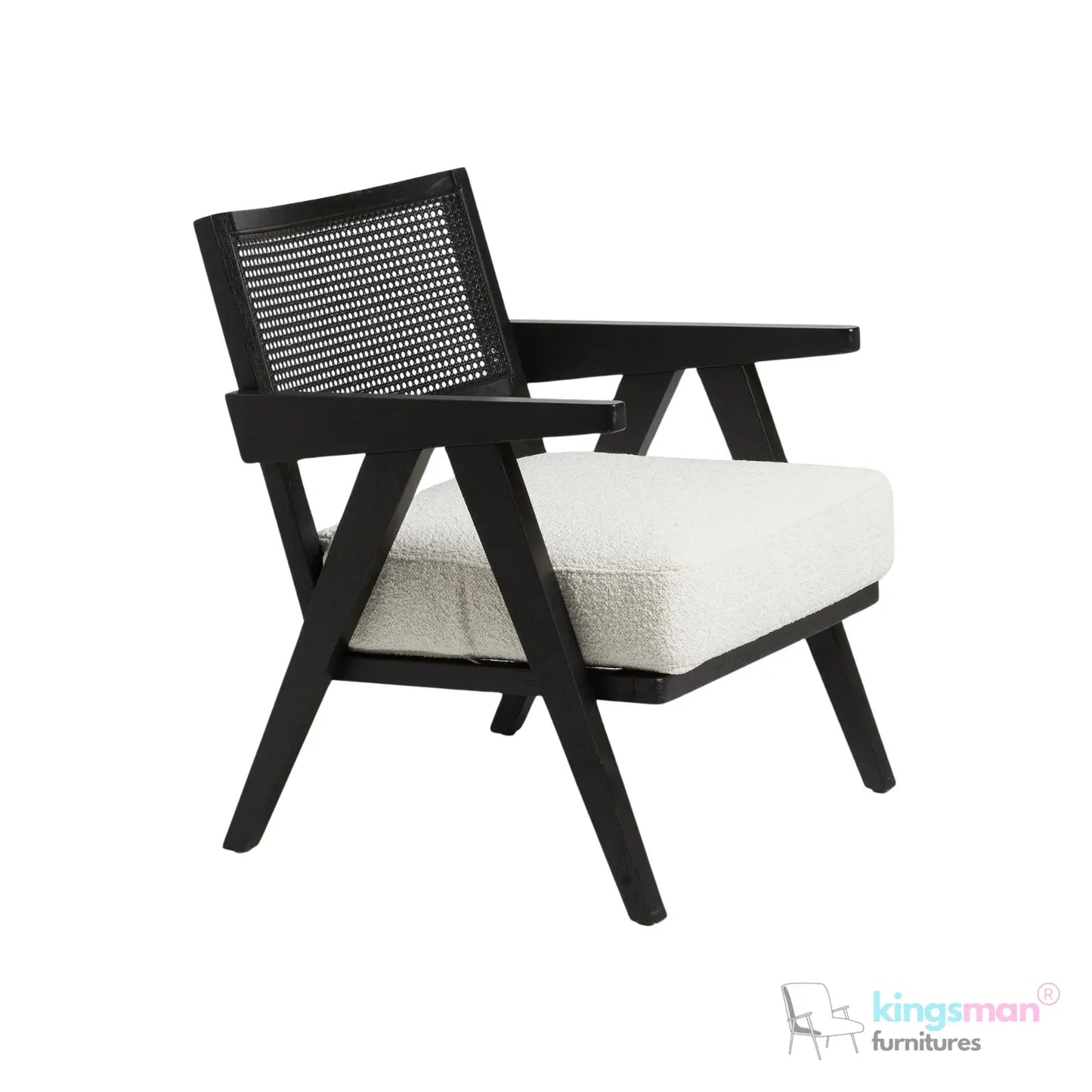 Abel Accent Chair - Tweed Linen & Boucle, Teak Wood, Rattan Back, Removable Cushion, Modern Rustic Comfort Kingsman Furnitures
