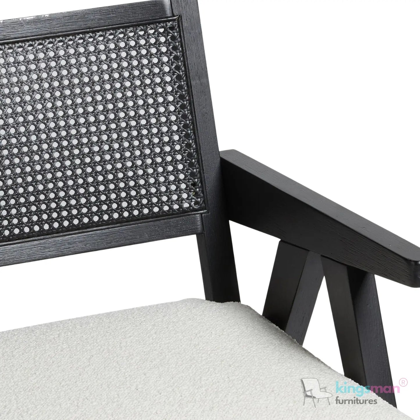 Abel Accent Chair - Tweed Linen & Boucle, Teak Wood, Rattan Back, Removable Cushion, Modern Rustic Comfort Kingsman Furnitures