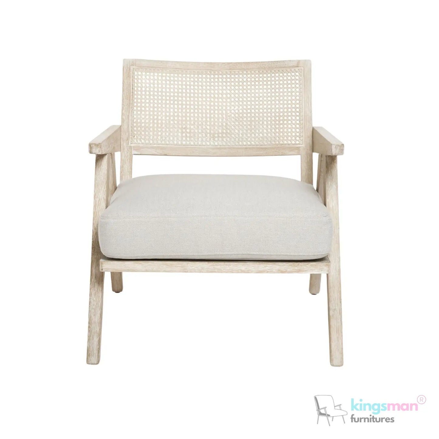 Abel Accent Chair - Tweed Linen & Boucle, Teak Wood, Rattan Back, Removable Cushion, Modern Rustic Comfort Kingsman Furnitures