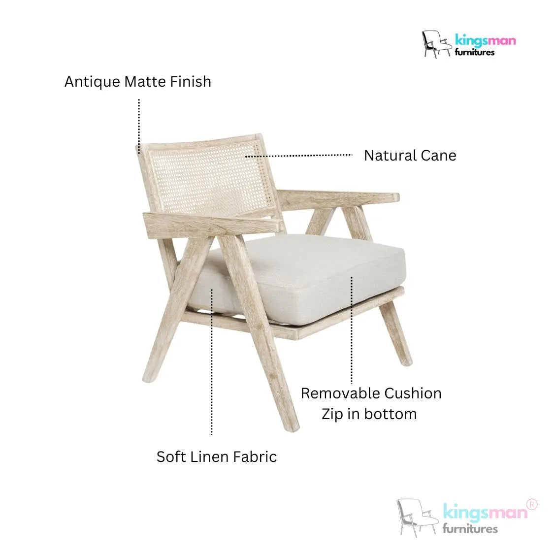 Abel Accent Chair - Tweed Linen & Boucle, Teak Wood, Rattan Back, Removable Cushion, Modern Rustic Comfort Kingsman Furnitures
