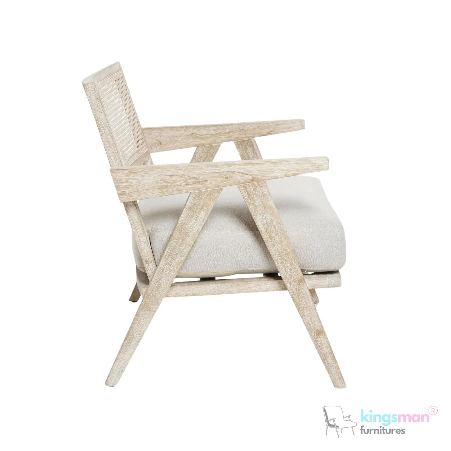 Abel Accent Chair - Tweed Linen & Boucle, Teak Wood, Rattan Back, Removable Cushion, Modern Rustic Comfort Kingsman Furnitures