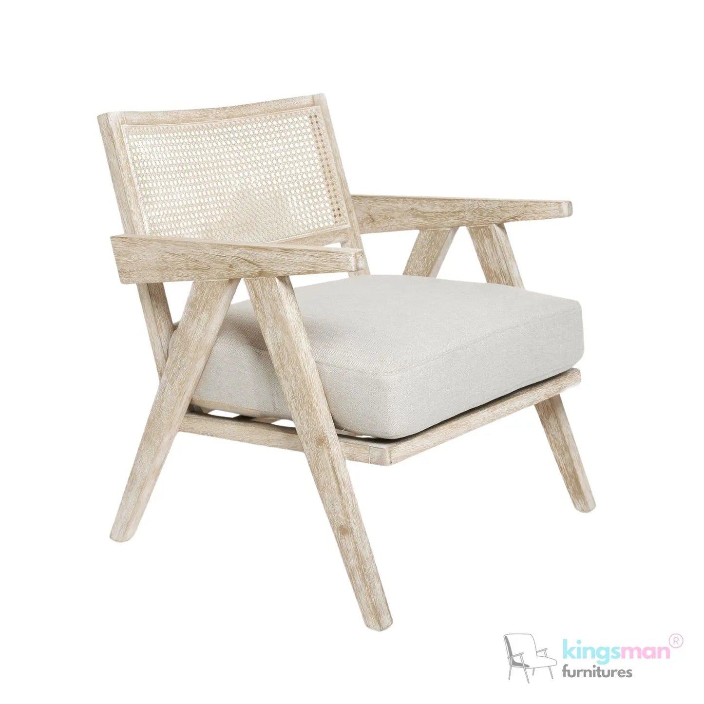 Abel Accent Chair - Tweed Linen & Boucle, Teak Wood, Rattan Back, Removable Cushion, Modern Rustic Comfort Kingsman Furnitures