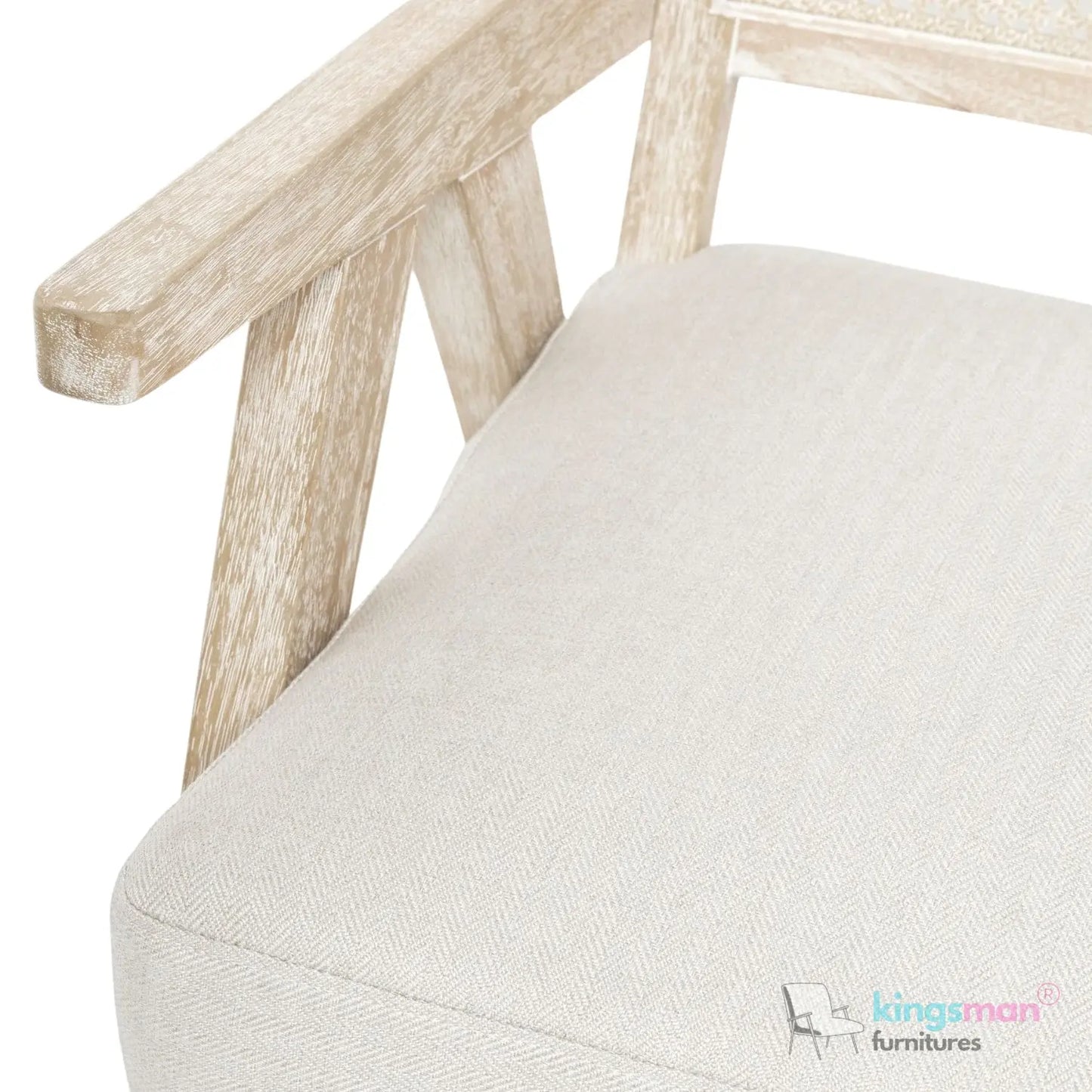 Abel Accent Chair - Tweed Linen & Boucle, Teak Wood, Rattan Back, Removable Cushion, Modern Rustic Comfort Kingsman Furnitures