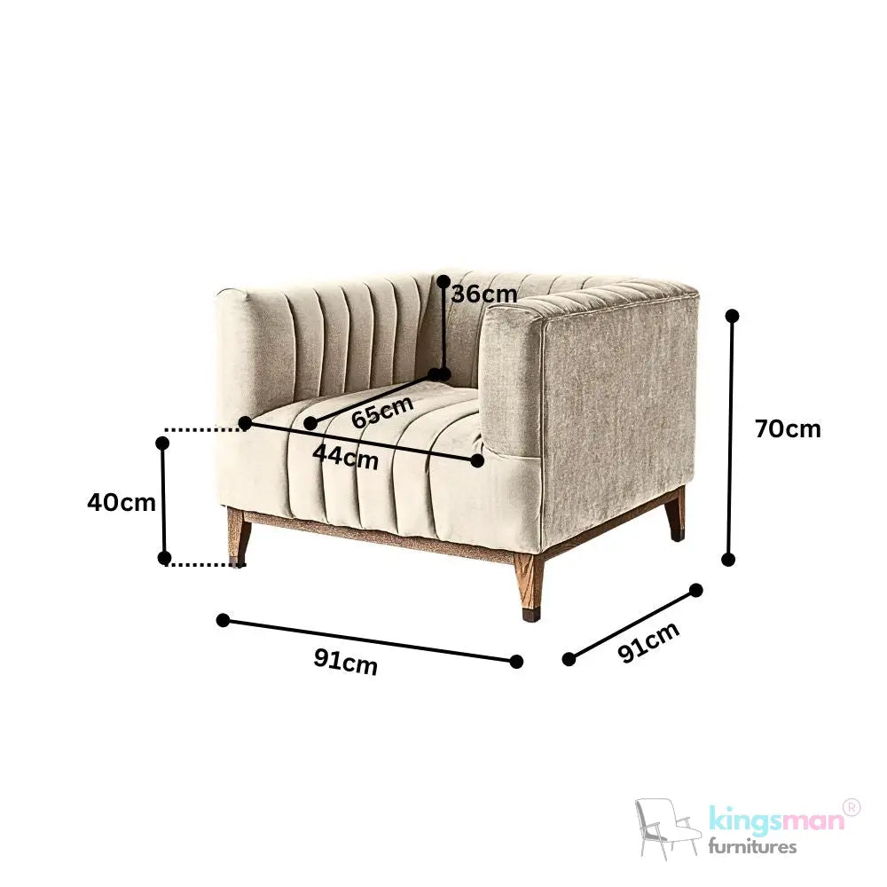 Asfor Velvet Armchair – Modern Channel-Stitched Design with Teak Legs and Brass Caps Kingsman Furnitures