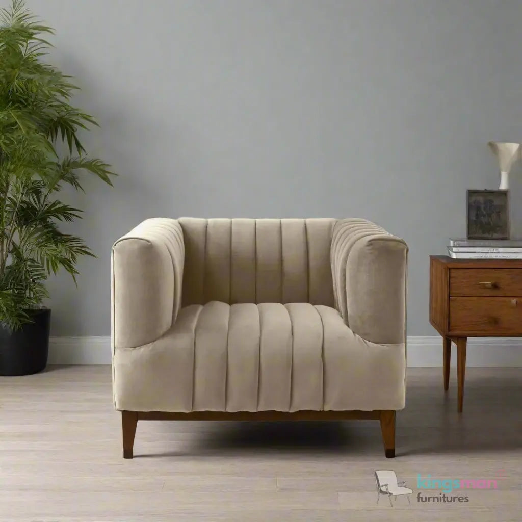 Asfor Velvet Armchair – Modern Channel-Stitched Design with Teak Legs and Brass Caps Kingsman Furnitures