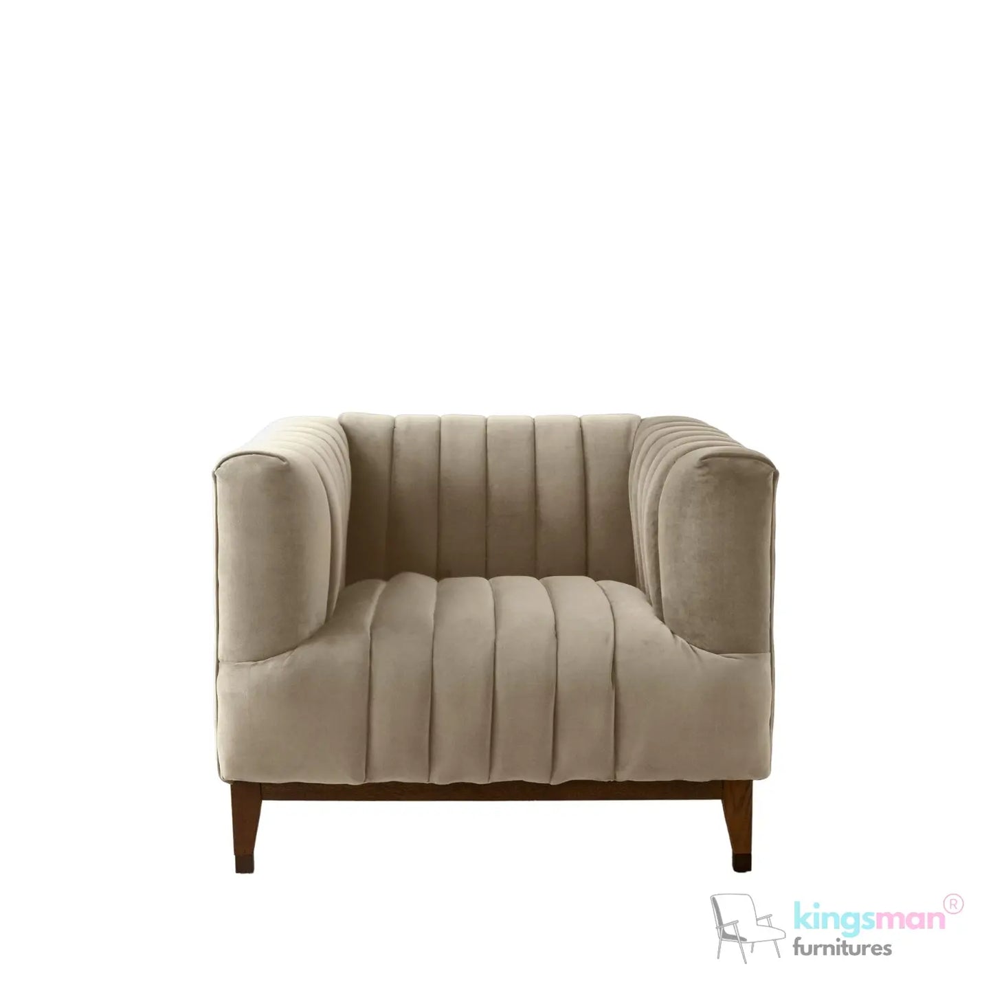 Asfor Velvet Armchair – Modern Channel-Stitched Design with Teak Legs and Brass Caps Kingsman Furnitures