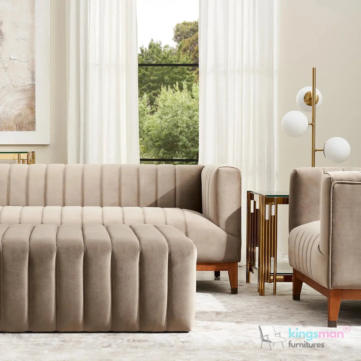 Asfor Velvet Armchair – Modern Channel-Stitched Design with Teak Legs and Brass Caps Kingsman Furnitures