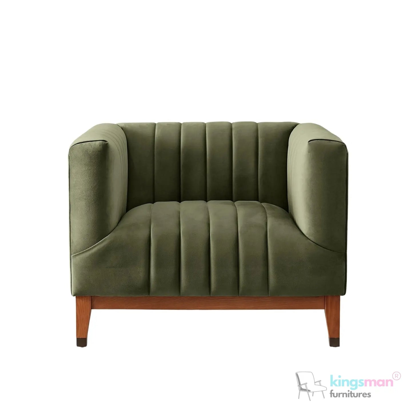 Asfor Velvet Armchair – Modern Channel-Stitched Design with Teak Legs and Brass Caps Kingsman Furnitures