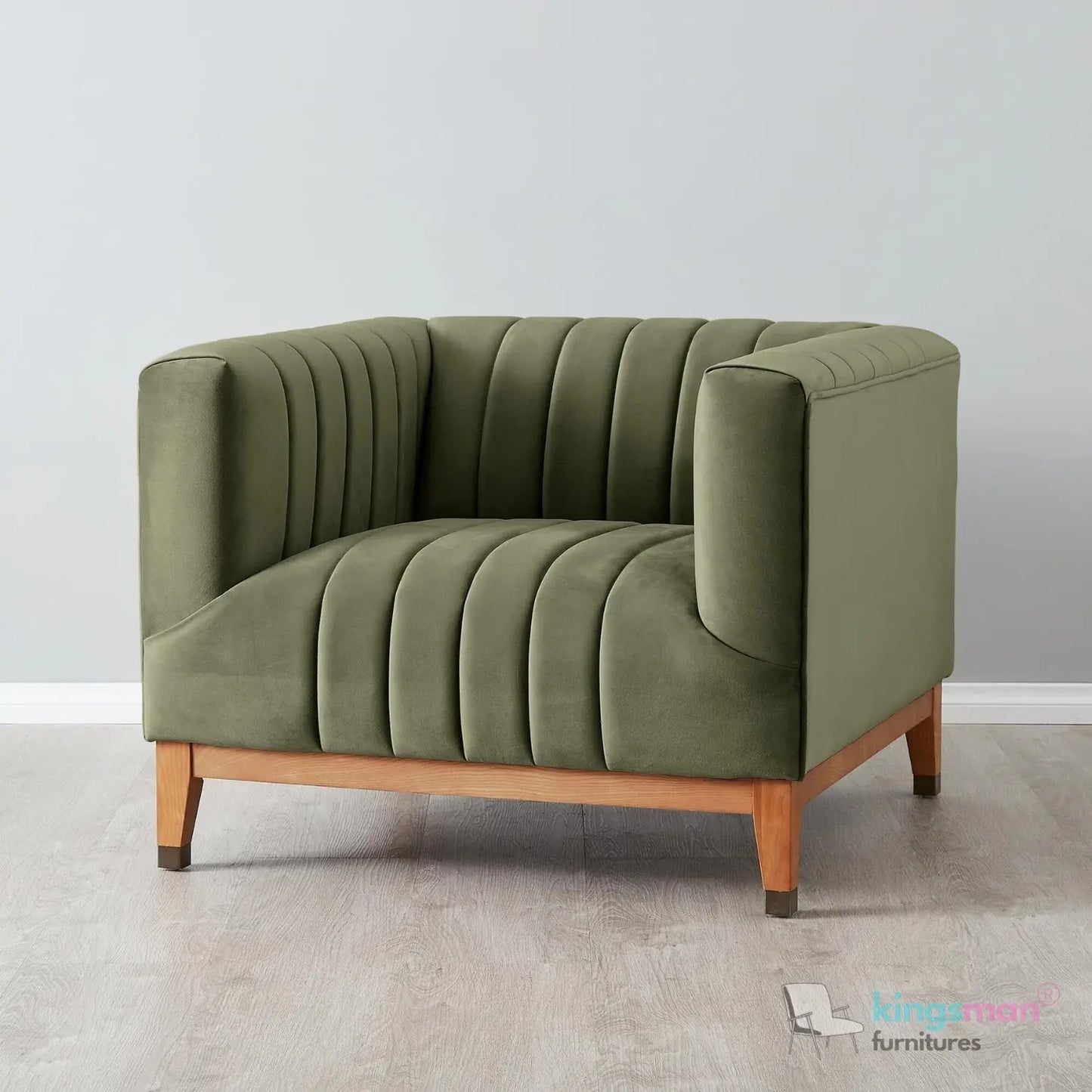 Asfor Velvet Armchair – Modern Channel-Stitched Design with Teak Legs and Brass Caps Kingsman Furnitures